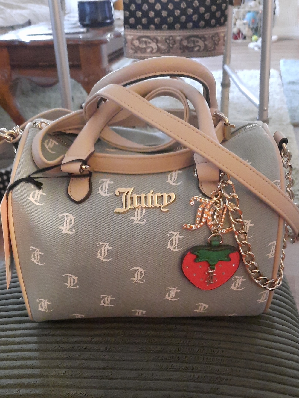 Juicy Couture Gray Monogram Crossbody with Beige Trim and Red Strawberry Charm